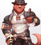  2021 5_fingers anthro arm_strap belt bottomwear buckles canid canine claws clothed clothing cowboy cowboy_hat eyebrows finger_gun fingerless_gloves fingers front_view fur gesture gloves gun handgun handwear hat headgear headwear hi_res holding_gun holding_object holding_weapon long_sleeves looking_at_viewer makowolf1 male mammal muscular muscular_anthro muscular_male one_eye_closed pants ranged_weapon shirt simple_background smile smirk solo standing topwear tuft weapon white_background wink 