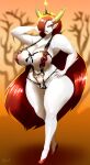  2019 5_fingers absurd_res big_breasts breasts clothing disney female fingers gausscannon hair hair_over_eye hand_on_hip hekapoo hi_res high_heels horn horned_humanoid humanoid long_hair navel not_furry one_eye_obstructed orange_eyes red_hair solo standing star_vs._the_forces_of_evil 