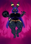  2021 absurd_res anthro big_breasts black_body black_fur breasts clothing costume curvy_figure dc_comics eeveelution female floating fur hi_res looking_at_viewer magic muscular_legs nebssik nintendo pok&eacute;mon pok&eacute;mon_(species) purple_cape raven_(dc) red_eyes solo solo_focus thick_thighs umbreon video_games voluptuous wide_hips 