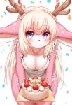  2021 anthro antlers apron apron_only blue_eyes blush braided_hair breasts cake cervid chest_tuft cleavage clothed clothing confetti dessert english_text female food fur hair happy_birthday hi_res horn horokusa0519 kemono leaning leaning_forward mammal mostly_nude multicolored_body multicolored_fur pink_body pink_fur smile smiling_at_viewer solo text tuft two_tone_body two_tone_fur white_body white_fur white_hair 