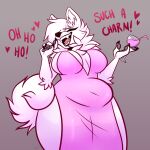  &lt;3 1:1 2021 absurd_res anthro belle_walton big_breasts breasts canid canine canis clothing container cup curled_tail dialogue digital_drawing_(artwork) digital_media_(artwork) domestic_dog dress drinking_glass english_text female fur glass glass_container glass_cup hi_res holding_object laugh low-angle_view mammal nordic_sled_dog one_eye_obstructed pawpads portrait samoyed signature slightly_chubby smile solo spitz starthewerewolf teeth text thick_thighs tuft wide_hips 