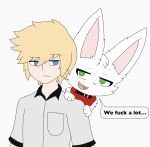  anthro collar dialogue duo english_text fangs female green_eyes hi_res human lagomorph leporid male mammal profanity rabbit roguecolonel303 scarf simple_background speech_bubble text white_background 