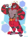 2021 abs abstract_background anthro barefoot biceps big_bulge big_muscles bodysuit bulge canid canine canis clothed clothing costume eyebrows feet flexing fur hair hand_on_hip hi_res huge_muscles incineroar kigurumi kihu looking_at_viewer male mammal mane muscular muscular_anthro muscular_male nintendo nipples open_clothing pecs plantigrade pok&eacute;mon pok&eacute;mon_(species) simple_background skinsuit smile solo standing teeth tight_clothing tuft video_games wolf 