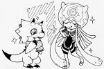  anthro bandai_namco ceratopsian digimon digimon_(species) digimon_ghost_game dinosaur duo gammamon hi_res horn humanoid jellymon monochrome ornithischian reptile scalie scarf shawl shy0yaan simple_background sketch sparkles standing tentacles triceratops white_background 