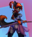  anthro armor black_body black_fur breasts butt clothed clothing female fluffy fluffy_tail fur hair hi_res holding_object holding_weapon katana legwear mammal melee_weapon multicolored_body multicolored_fur multicolored_tail partially_clothed ponytail prisma6 red_hair scabbard sheathed_weapon solo stripes sword thigh_highs weapon yellow_eyes 