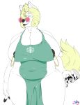  anthro apron apron_only big_breasts blonde_hair breasts clothing container cup eyewear female fur hair hi_res huge_breasts lips maria_(wffl) mostly_nude nipple_piercing nipple_ring nipples overweight pen piercing solo starbucks sunglasses thick_lips wffl_(artist) white_body white_fur 