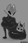  algooriginal anthro arthropod black_body blush breasts duo female hollow_knight humanoid insect protagonist_(hollow_knight) simple_background size_difference squish team_cherry thigh_squish vessel_(species) video_games 