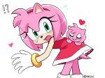  &lt;3 4622j 5_fingers ?! accessory amy_rose anthro bent_over black_nose blush bracelet chao_(sonic) character_name clothing dress duo eulipotyphlan eyelashes eyes_closed female fingers fur gloves green_eyes hair_accessory hairband handwear hedgehog hi_res jewelry looking_back mammal pink_body pink_fur sega simple_background sonic_the_hedgehog_(series) white_background 
