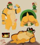  2021 absurd_res anthro anus balls belly bowser claws collar condom erection eyebrows genitals hair hand_on_stomach hi_res horn humanoid_genitalia humanoid_penis koopa lying male mario_bros mario_party musclegut muscular muscular_male nintendo nude on_side pecs penis pipe plantigrade raised_tail scalie sexual_barrier_device shell signature smile solo spiked_collar spikes standing the_dark_alley video_games warp_pipe yellow_body 