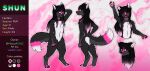  2021 absurd_res anthro black_body black_fur black_hair butt_heart canid canine canis digital_media_(artwork) english_text fur girly hair hi_res hindpaw long_hair looking_at_viewer male mammal model_sheet nude paws piercing pink_body pink_eyes pink_fur pink_hair shun_(messy) simple_background smile solo standing text tongue tongue_out valdith_zam white_body white_fur wolf 