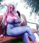  big_breasts blizzard_entertainment breasts cleavage clothed clothing elf female hair hi_res huge_breasts humanoid humanoid_pointy_ears lerapi long_hair looking_at_viewer night_elf not_furry purple_body purple_skin solo video_games warcraft white_hair 