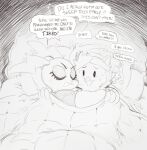  2018 android anthro bed black_and_white clothing comic cuddling dialogue digital_drawing_(artwork) digital_media_(artwork) duo english_text eyelashes eyes_closed eyeshadow female furniture humanoid larger_female machine makeup male monochrome on_bed robot shirt size_difference sketch sketch_background smaller_male sunibee text topwear under_covers unknown_species 