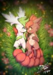  2021 blush brown_body brown_fur dated detailed_background digitigrade duo eye_contact feral flower fur gingy_k_fox grass green_body green_eyes green_fur green_hair hair hand_holding happy leg_markings legendary_pok&eacute;mon looking_at_another lying markings multi_tail nintendo on_back orange_hair outside plant pok&eacute;mon pok&eacute;mon_(species) romantic romantic_ambiance romantic_couple shaymin signature sky_forme_shaymin smile socks_(marking) tan_body tan_fur video_games vulpix white_body white_fur yellow_eyes 