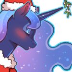  1:1 alpha_channel blush christmas christmas_clothing christmas_headwear clothing cold-blooded-twilight crown equid equine eyes_closed female feral friendship_is_magic hasbro hat headgear headwear holidays horn mammal mistletoe my_little_pony open_mouth plant princess_luna_(mlp) santa_hat side_view simple_background solo tiara transparent_background unicorn 
