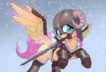  2021 absurd_res armor bethesda_softworks blush dovahkiin equid equine feathers female feral fluttershy_(mlp) friendship_is_magic hair hasbro headgear helmet hi_res mammal melee_weapon my_little_pony pegasus pink_hair snow snowing solo sword the_elder_scrolls video_games weapon wings xbi yellow_body yellow_feathers 