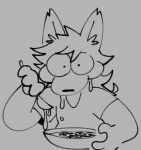  ambiguous_gender anthro big_eyes black_and_white canid canine cereal chipped_ear clothed clothing cutlery dripping eating food fox hair kitchen_utensils male mammal messy_hair monochrome puffed_cheeks sog_(squishy) solo spoon squishy_(artist) tools toony 