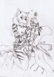  &lt;3 anthro arc_rose blush canid canine clothing digitigrade felid feline female genitals hair hybrid jewelry looking_at_viewer mammal melee_weapon monochrome necklace nipple_piercing nipples nude piercing pinup pose pussy simple_background sitting sketch solo sword undressing weapon 