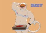  anthro big_legs big_pecs bodily_fluids chassty delivery_(commerce) everest felid hands_behind_head hi_res hybrid legs_together liger lion male mammal muscular nude pantherine pecs solo sweat sweatdrop 