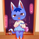  1:1 alacarte animal_crossing anthro bodily_fluids bottomless clothed clothing domestic_cat felid feline felis female genital_fluids genitals hi_res japanese_text looking_at_viewer mammal nintendo open_mouth pussy pussy_juice rosie_(animal_crossing) solo standing text topwear video_games 
