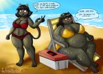  anthro beach belly beth_(lordstormcaller) big_belly big_butt blush breasts butt clothing dialogue duo english_text felid female mammal marianne_(lordstormcaller) navel obese obese_anthro obese_female overweight overweight_anthro overweight_female pantherine professordoctorc seaside swimwear text wide_hips 