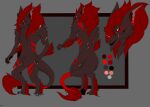  2020 absurd_res anthro black_lips caise_(character) chest_tuft claws crotch_tuft dark_brown_fur digital_drawing_(artwork) digital_media_(artwork) digitigrade ear_piercing fur gauged_ear hair hi_res inner_ear_fluff lips long_tail male markings model_sheet mustacheddragon notched_ear piercing pointed pupils red_eyes red_hair red_markings scar sergal solo tuft white_pupils 
