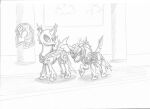  absurd_res armor arthropod black_body carapace changeling doesnotexist duo english_text evening_breeze fangs feral friendship_is_magic hasbro hi_res hooves horn monochrome my_little_pony quadruped rising_sun_(doesnotexist) solo text 