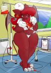  anthro bed big_breasts blood bodily_fluids breasts chiropteran clothing commoddity ear_piercing female fur furniture hair hi_res hospital hospital_bed mammal nurse nurse_clothing piercing red_body red_fur red_hair solo solo_focus thick_thighs 