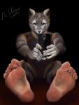  5_toes abs absurd_res anthro barefoot biceps canid canine cellphone claws crab-eating_fox digital_media_(artwork) feet foot_focus fox fur g.e.o hi_res humanoid_feet male mammal mroleoso muscular muscular_anthro muscular_male nails nude paws pecs phone plantigrade pose simple_background sitting soles solo toe_claws toes 