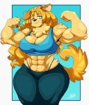  2020 5_fingers abs anthro biceps bird_dog black_nose blonde_hair blue_eyes bottomwear breasts canid canine canis chalo cleavage clothed clothing curvy_figure dog_knight_rpg domestic_dog female fingers flexing golden_retriever hair hi_res hunting_dog jeane_(ceehaz) long_hair looking_at_viewer mammal muscular muscular_anthro muscular_female pants retriever shirt signature simple_background smile solo standing tank_top thick_thighs thong_straps topwear voluptuous wide_hips 