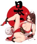 anal_beads anal_fluid areola_slip areolae ass black_eyes black_legwear bracer breasts brown_hair cleavage erect_nipples eyeliner fan happening18 highres long_hair looking_at_viewer lying makeup on_side ponytail revealing_clothes shiranui_mai spread_legs the_king_of_fighters 