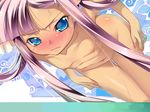  bent_over blue_eyes blush flat_chest highres koihime_musou long_hair navel nipples nude nude_filter pink_hair ribbon solo sonshoukou thighhighs third-party_edit twintails 