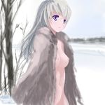  blonde_hair blue_hair breasts coat eila_ilmatar_juutilainen fur_coat long_hair navel nipples open_clothes open_shirt purple_eyes shikkaku shirt small_breasts snow solo strike_witches winter world_witches_series 