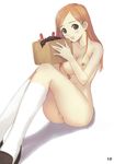  black_eyes bleach blush breasts eating food inoue_orihime kneehighs long_hair medium_breasts nude nude_filter open_mouth orange_hair pussy sitting smile socks solo tanaka_takayuki third-party_edit 