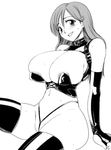 774_(nanashi) areolae bleach blush breasts collar curvy gloves greyscale huge_breasts inoue_orihime leather long_hair monochrome panties sitting solo sweat thighhighs thong underwear 