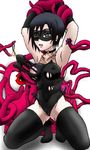  black_hair blue_eyes breasts large_breasts mask nipples short_hair solo tentacles thighhighs torn_clothes 