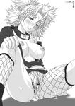  after_sex blush breasts cum cum_in_pussy fishnets greyscale large_breasts monochrome naruto naruto_(series) pussy quad_tails solo temari 