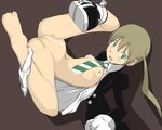  bad_feet blonde_hair blush bottomless breasts gloves green_eyes highres maka_albarn nipples no_bra open_clothes open_shirt panties panties_around_one_leg pussy shirt shoes single_shoe small_breasts solo soul_eater sweat twintails underwear vector_trace white_panties 