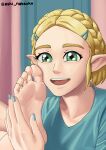  2021 5_toes absurd_res blonde_hair breath_of_the_wild feet female foot_fetish foot_focus foot_grab green_eyes hair hi_res humanoid humanoid_feet humanoid_pointy_ears hylian natsuko_ashi nintendo not_furry princess_zelda smile solo the_legend_of_zelda toes video_games 