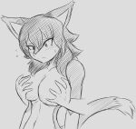  anthro blush blush_lines bodily_fluids breast_grab breasts canid canine canis dipstick_tail disembodied_hand duo female gloves_(marking) greyscale hand_on_breast hi_res jackal mammal markings monochrome nervous sofia_(tetsushi) solo_focus sweat sweatdrop tail_markings tetsushi traditional_media_(artwork) 