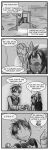  4koma anthro beltrax_kagayaki bodily_fluids bow_tie canid canine canis comic confusion dialogue dialogue_box disembodied_head doorway duo english_text female greyscale heather_(tetsushi) hi_res human kerchief key male mammal monochrome sweat sweatdrop tetsushi text wolf young 