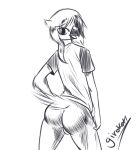  2014 anthro avian backsack balls beak bird bottomless butt clothed clothing feathers genitals girokett greyscale hi_res looking_at_viewer looking_back male monochrome open_mouth rear_view shirt signature simple_background sketch solo standing t-shirt tail_feathers topwear white_background 