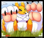 3_toes ? anthro bandai_namco black_border black_sclera blue_eyes border breasts chest_tuft claws cornchip21 digimon digimon_(species) dipstick_ears featureless_breasts featureless_crotch feet female foot_fetish foot_focus fur grass heartman98 hi_res looking_at_viewer multicolored_ears pawpads paws pink_pawpads plant recording renamon sitting soles solo toe_claws toes tuft yellow_body yellow_fur 