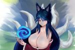 ahri_(lol) asian_mythology big_breasts black_hair breasts canid canine clothing east_asian_mythology female fox fox_spirit hair humanoid league_of_legends looking_at_viewer mammal multi_tail mythology riot_games sarakatka simple_background solo video_games 