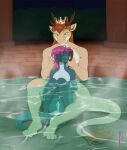  2021 anthro anus bathing between_legs blush crown dragon duo eyes_closed gentle_giant hair hi_res horn hot_spring kobold kolu_(koluthings) koluthings looking_at_another looking_at_partner male male/male male_(lore) muscular muscular_male personal_grooming pink_hair prince prince_borgon romantic romantic_ambiance romantic_couple royalty size_difference slit smile soap_bubbles story story_in_description styling_hair tail_tuft touching_hair tuft water yellow_eyes 