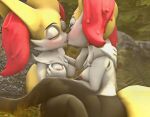  3d_(artwork) absurd_res anthro blurred_background blush bodily_fluids braixen breast_grab breasts breath chest_tuft digital_media_(artwork) duo ear_tuft female female/female forest forest_background french_kissing hand_on_breast hi_res kissing nature nature_background nintendo on_lap plant pok&eacute;mon pok&eacute;mon_(species) saliva sitting_on_lap sneakyphox source_filmmaker tongue tree tuft video_games 