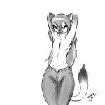  1:1 2014 anthro bottomwear bulge clothed clothing denim denim_clothing felid front_view girly girokett greyscale hair hands_behind_head jeans long_hair male mammal monochrome pants signature simple_background sketch smile solo standing topless unbuttoned_pants white_background 