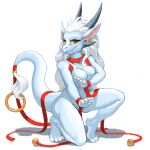  1:1 2021 4_toes 5_fingers anthro blue_body breasts digital_media_(artwork) dragon ear_piercing ear_ring feet female fingers foxmode fur furred_dragon hair hi_res horn long_hair nude orange_eyes piercing pink_inner_ear ribbons smile solo toes white_hair wingless_dragon 