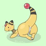 1:1 ampharos blush butt feet female feral genitals looking_at_viewer lying nintendo on_front pok&eacute;mon pok&eacute;mon_(species) presenting presenting_hindquarters presenting_pussy pussy smile smiling_at_viewer solo souponmars stripes video_games yellow_body 