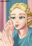  2021 5_fingers 5_toes absurd_res blonde_hair breath_of_the_wild feet female fingers foot_fetish foot_focus foot_grab green_eyes hair hi_res humanoid humanoid_feet humanoid_pointy_ears hylian natsuko_ashi nintendo not_furry princess_zelda solo the_legend_of_zelda toes tongue tongue_out video_games 