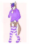  anthro canid canine clothed clothing digital_media_(artwork) female fur genitals hi_res legwear mammal nude pattern_clothing presenting pussy samuelwolfo shy solo stockings striped_clothing stripes submissive tongue tongue_out 
